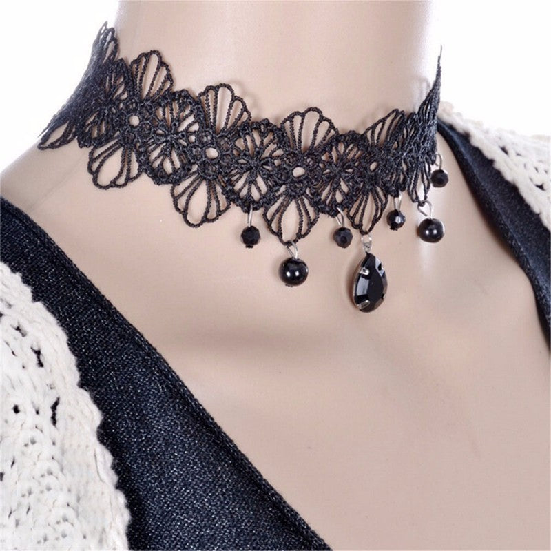 Lace Choker Gothic Necklace Bohemia Lace Gothic Choker Necklace Women  Vintage Black Crystal Necklaces