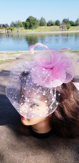 Pink Wedding Church Party Fascinator Hat.Veil Feather Bridal  display picture 1
