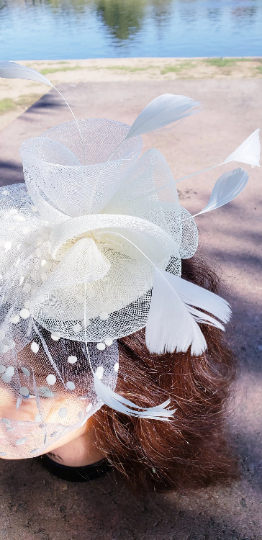White Cream Wedding Church Fascinator Hat Beige Veil Feather Bridal We Gifts with Love and Art