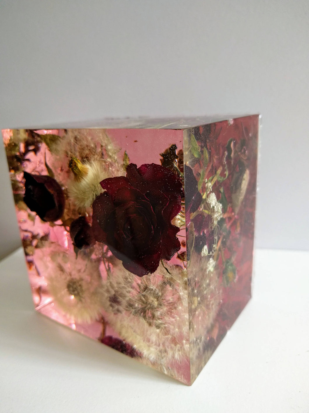 Preserved wedding Flowers in Large Resin Cube like glass Paperweight Keepsake Sweet romantic memories of your wedding, anniversary,funeral.