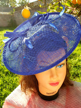 Blue Sinamay Fascinator. Derby Race Bridal Church Hat. Royal Blue Funeral Mini Hat. Costume Feather Hairband Head Accessory.Headpiece