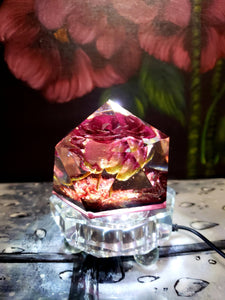 Preserved Red Rose in Resin Keepsake Lamp.Paperweight Keepsake.Memories of your wedding, anniversary. Beauty & the Beast.Crystal Point Tower