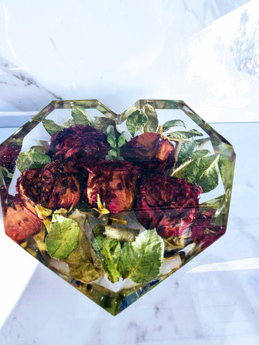 Flower Preservation. Resin block. Resin Heart Paperweight Keepsake Bridal romantic memories of your wedding, anniversary, funeral