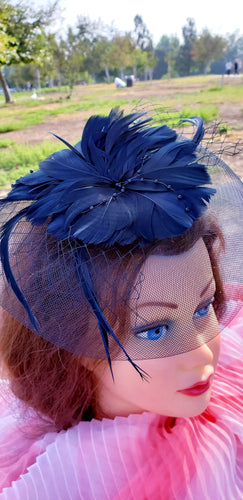 Navy Blue Wedding Church  Party Fascinator Hat.Feather Bridal Wedding Hair Clip Head Accessory. Bridal Derby Fascinator hat.Headpiece