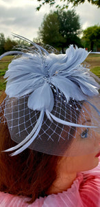 Grey Wedding Church  Party Fascinator Hat.Feather Bridal Wedding Hair Clip Head Accessory. Bridal Derby Fascinator hat.Headpiece