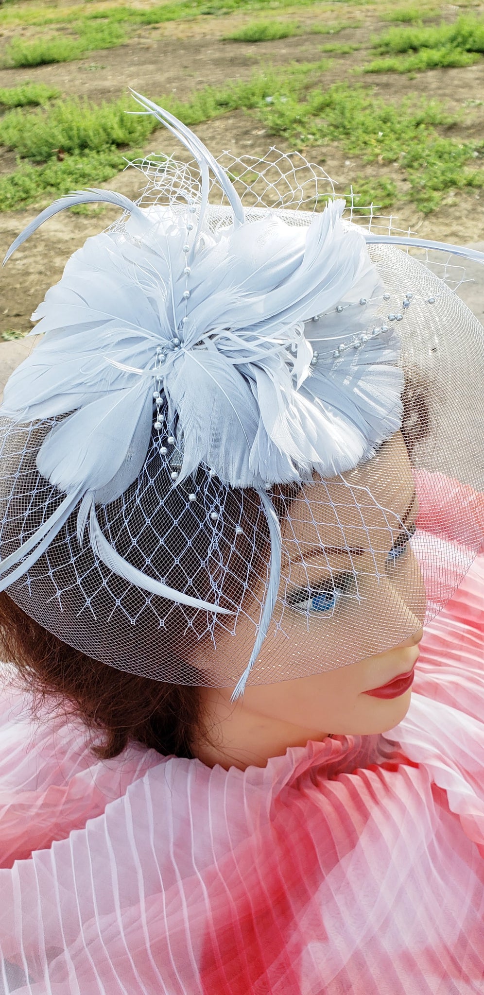 grey and pink church hat