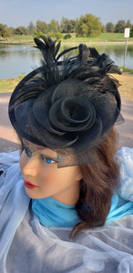 Black Wedding Church  Party Fascinator Hat.Feather Bridal Wedding Hair Clip Head Accessory. Bridal Derby Fascinator hat.Headpiece