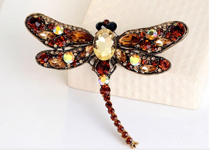 Amber Gold Vintage Design  Crystal Rhinestone Dragonfly Brooches for Women Dress Scarf Brooch Pins Jewelry Accessories Gift. Large brooch.