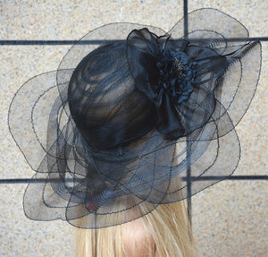 Black Tulle breathable women summer sun hat Kentucky Derby polyester feather wide brim floral Funeral hats