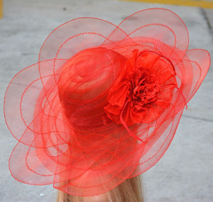 Red Tulle breathable women summer sun hat Kentucky Derby polyester feather wide brim floral Funeral hats