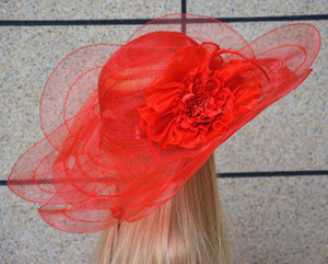 Red Tulle breathable women summer sun hat Kentucky Derby polyester feather wide brim floral Funeral hats