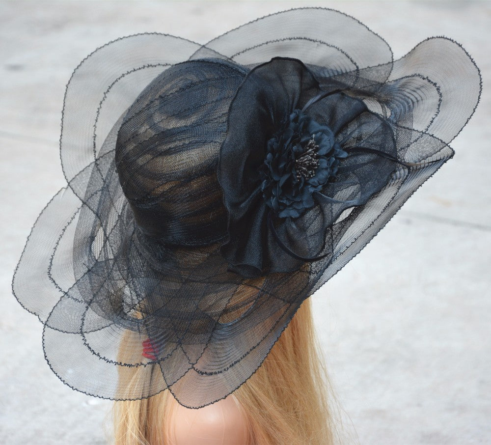 Black Tulle breathable women summer sun hat Kentucky Derby polyester f –  Gifts with Love and Art
