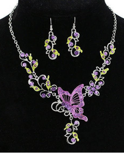 Butterfly Flowers Rhinestones Pendant Necklace Earrings Set Statement Necklace Accessories.Wedding Bridal Crystal Statement Body Chain Jewelry.