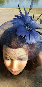 Navy Blue Wedding Church Party Fascinator Hat.Costume Bridal Veil Wedding Hair Clip Head Accessory. Funeral Derby Fascinator hat.Headpiece