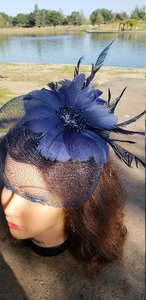 Navy Blue Wedding Church Party Fascinator Hat.Costume Bridal Veil Wedding Hair Clip Head Accessory. Funeral Derby Fascinator hat.Headpiece