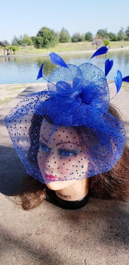 Royal Blue Wedding Church Party Fascinator Hat.Veil Feather  display picture 1