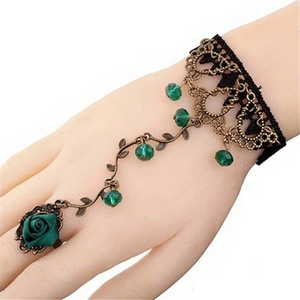 Bohemian Gothic Black Lace Green Rose Metal Bracelet Ring Gothic Style Handmade Lace Bracelet With Ring Chain. Boho Bracelet. Vintage Style.