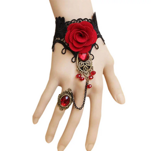 Bohemian Gothic Black Lace Red Rose Metal Bracelet Ring. Gothic Style Handmade Lace Bracelet With Ring Chain. Boho Bracelet. Vintage Style.