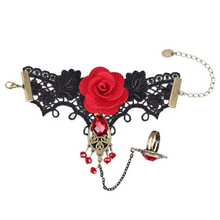 Bohemian Gothic Black Lace Red Rose Metal Bracelet Ring. Gothic Style Handmade Lace Bracelet With Ring Chain. Boho Bracelet. Vintage Style.