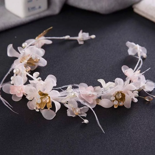 Romantic Pink Floral Wedding Tiara. Veil Feather Bridal Hair Accessories  Party Hairbands Women Headpiece.