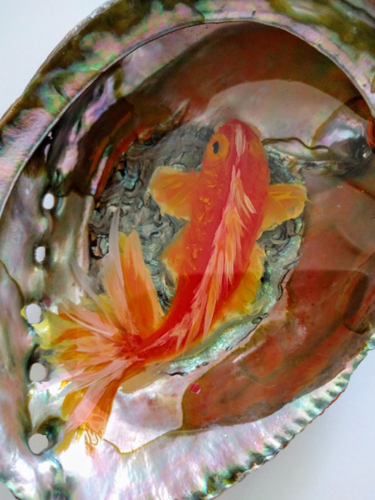 3D Koi  Golden Fish  painting acrylic resin Paperweight Keepsake. Large Avalon Shell pond miniature Great gift keepsake paperweight.