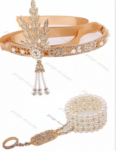 Set of 2 Gatsby Headband and Bracelet. Gold, Black Flapper Headpiece. Gatsby Headpiece Wedding Headpiece 1920s headpiece Great Gatsby Party