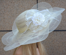 White Cream Tulle breathable women summer sun hat Kentucky Derby polyester feather wide brim floral women hats