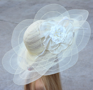 White Cream Tulle breathable women summer sun hat Kentucky Derby polyester feather wide brim floral women hats