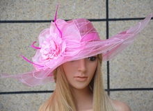 Pink Tulle breathable women summer sun hat Kentucky Derby polyester feather wide brim floral women hats