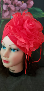 Women Red Retro Turban Summer Hat .Kentucky Derby Polyester  Floral women hats. Chemotherapy Hat. Funeral Wedding Hat.