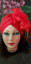 Women Red Retro Turban Summer Hat .Kentucky Derby Polyester  Floral women hats. Chemotherapy Hat. Funeral Wedding Hat.