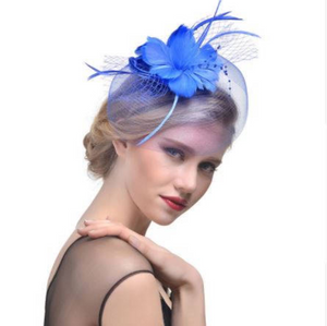 Navy Blue and Royal Blue Wedding Church Party Fascinator Hat.Costume Bridal Veil Wedding Hair Clip Head Accessory.White Funeral Derby Fascinator hat.Headpiece