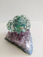 Green Resin Rose on Real Purple Amethyst Cluster Gemstone stand Meditation Healing Crystals