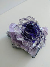 Custom Blue Clear Resin Rose Crystal on Amethyst Cluster Gemstone stand Healing Crystals