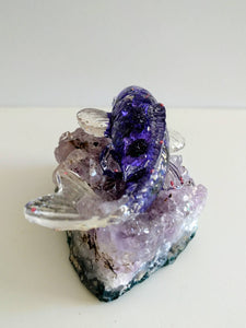 Blue Clear Resin Koi Golden Fish statue on Real Purple Amethyst Cluster Stone Meditation Healing Crystals