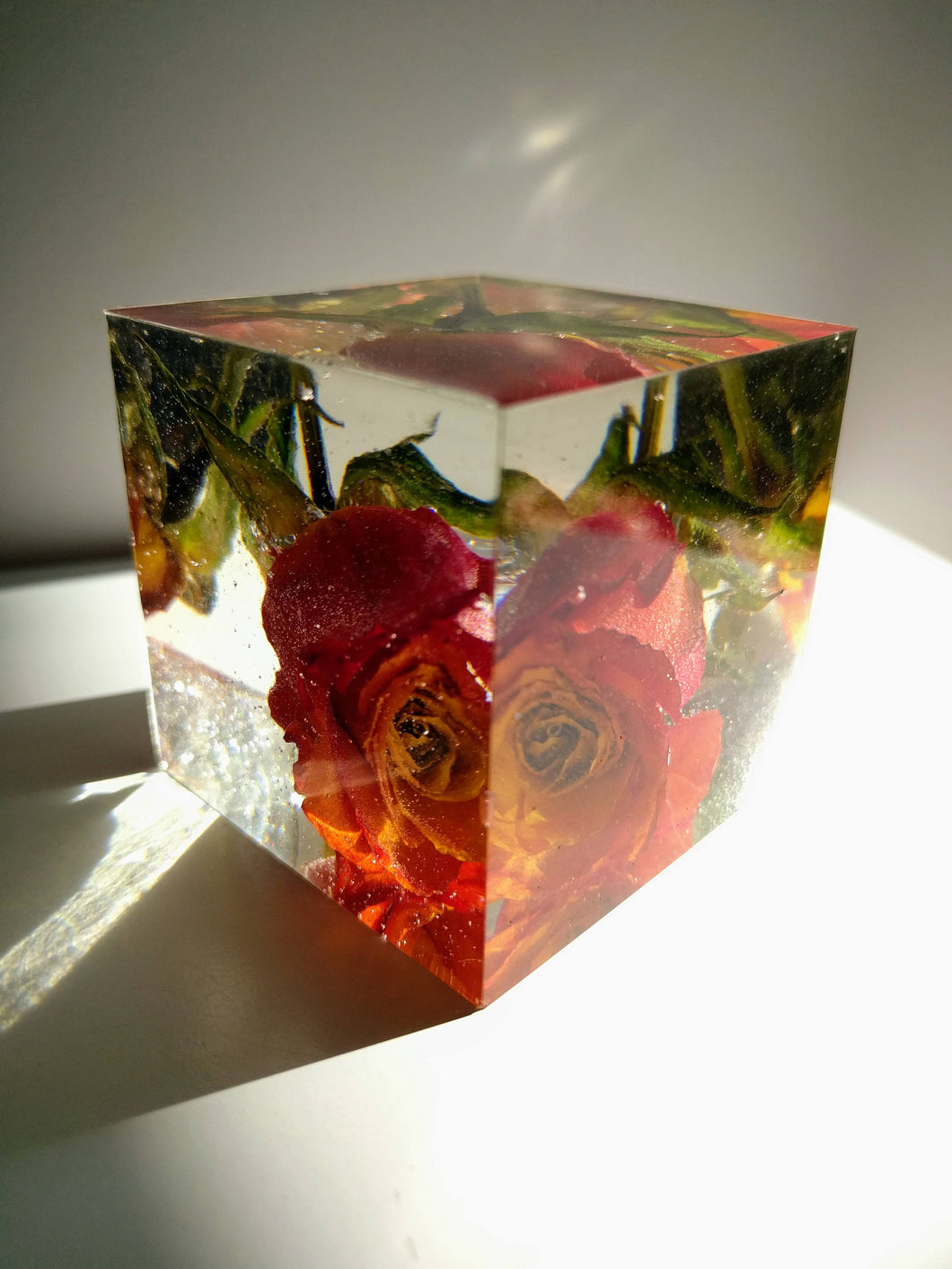 Red Orange Flowers Rose in cube keepsake paperweight NATURAL GIFT. Rose Paperweights. Home Office Deck Decor.Gift.Glass like.Crystals