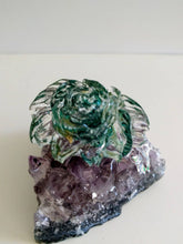 Green Resin Rose on Real Purple Amethyst Cluster Gemstone stand Meditation Healing Crystals