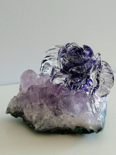 Custom Blue Clear Resin Rose Crystal on Amethyst Cluster Gemstone stand Healing Crystals