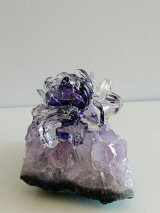 Custom Blue Clear Resin Rose Crystal on Amethyst Cluster Gemstone stand Healing Crystals