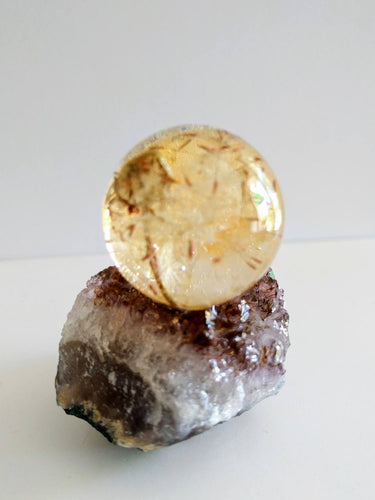 Custom Make a Wish Real Dandelion flower in a resin sphere on real Amethyst cluster stone stand