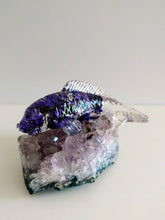 Blue Clear Resin Koi Golden Fish statue on Real Purple Amethyst Cluster Stone Meditation Healing Crystals