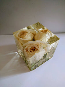 Wedding Flowers in cube keepsake paperweights. Resin flowers keepsake .Preserving Bridal bouquet.