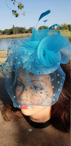 Turquoise Blue Fascinator Derby Race Bridal Church Hat. Wedding Tea Party Mini Hat.Costume Feather Veil Hair Clip Head Accessory.Headpiece