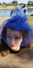 Royal Blue Fascinator Derby Race Bridal Church Hat. Wedding Tea Party Mini Hat.Costume Feather Bird Cage Veil Hair Clip Head Accessory.