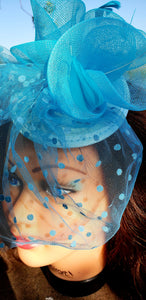 Turquoise Blue Fascinator Derby Race Bridal Church Hat. Wedding Tea Party Mini Hat.Costume Feather Veil Hair Clip Head Accessory.Headpiece
