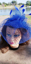 Royal Blue Fascinator Derby Race Bridal Church Hat. Wedding Tea Party Mini Hat.Costume Feather Bird Cage Veil Hair Clip Head Accessory.