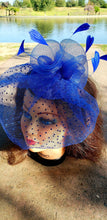 Royal Blue Fascinator Derby Race Bridal Church Hat. Wedding Tea Party Mini Hat.Costume Feather Bird Cage Veil Hair Clip Head Accessory.