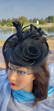 Black Sinamay Fascinator Derby Race Bridal Church Hat. Wedding Funeral Mini Hat.Costume Feather Hair Clip Head Accessory.Headpiece
