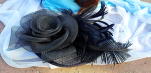Black Sinamay Fascinator Derby Race Bridal Church Hat. Wedding Funeral Mini Hat.Costume Feather Hair Clip Head Accessory.Headpiece