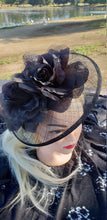 Black Sinamay Fascinator. Derby Race Bridal Church Hat. Black Funeral Mini Hat. Costume Feather Hair Clip Head Accessory.Headpiece